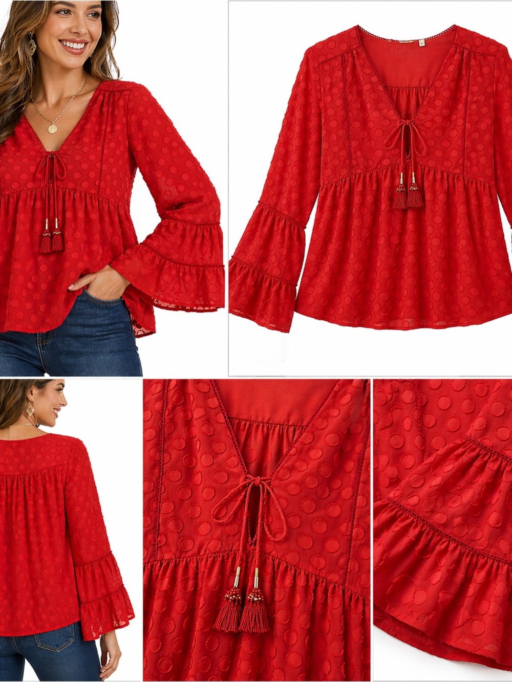 Soft Surroundings Red Swiss Dot Boho Blouse Tassel Tie Flowy Peasant Top Womens - Picture 5 of 14